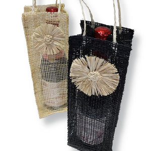 Wine Bottle Tote Style Gift Bag with Raffia Accent, set of 2