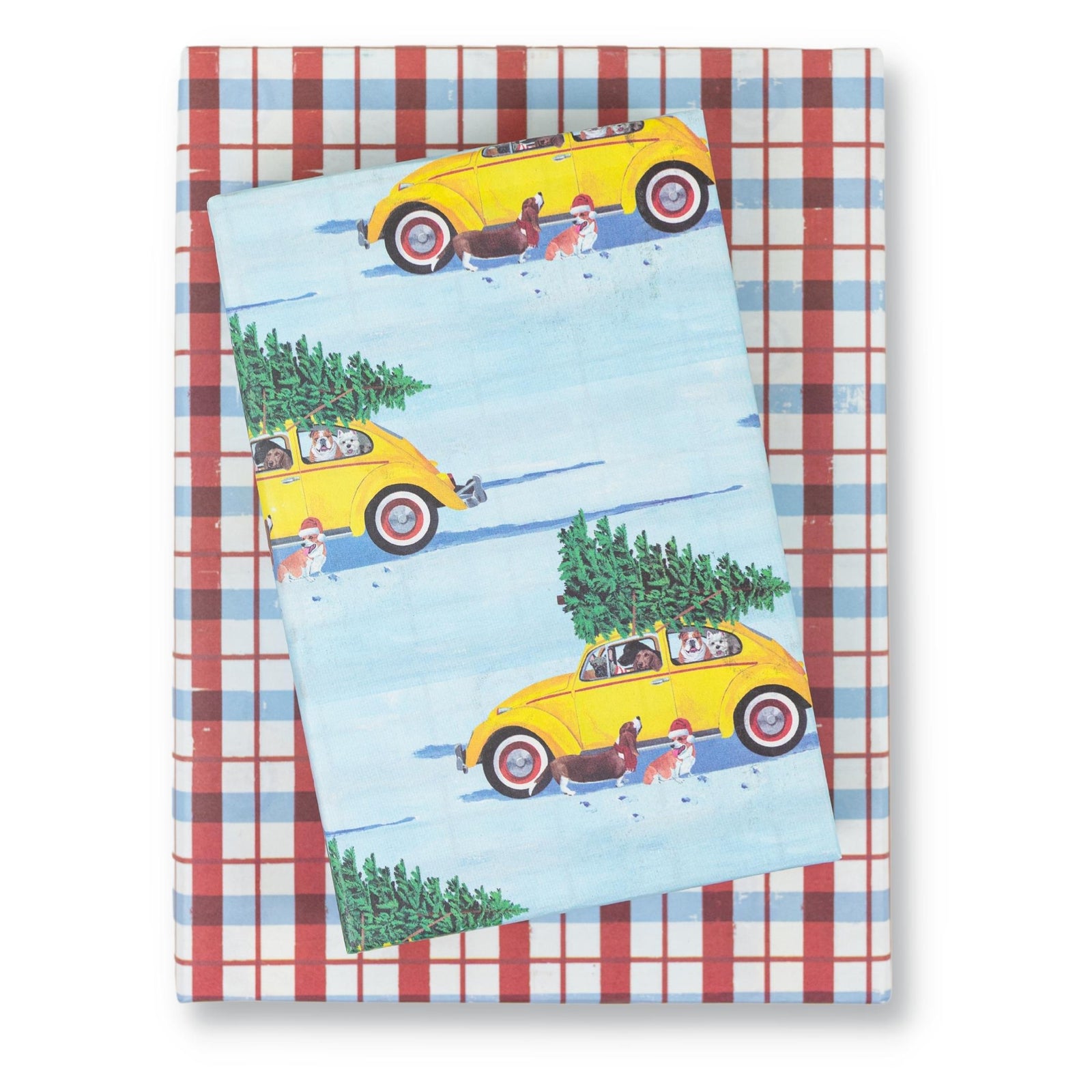 Vintage Christmas trees on car roof blue Wrapping Paper by Sandra Hutter