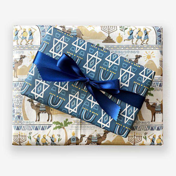 Wrapping Paper Flat Sheets, Blue Gift Wrapping Paper Set with Sticker  Ribbon, Men Gift Wrap Birthday Wrapping Paper with Navy Blue and Gold  Stripes